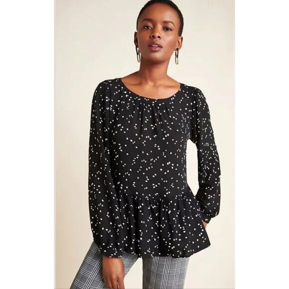 Maeve by Anthropologie Womens Peplum Blouse Black Polka Dot Top Size Small S - Picture 1 of 8
